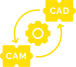 Diagramma giallo che mostra un ingranaggio al centro, con pezzi di puzzle etichettati CAM e CAD collegati da frecce, che rappresentano il processo CAD-CAM per Progettiamo soluzioni di carpenteria metallica industriale per una vasta gamma di settori.