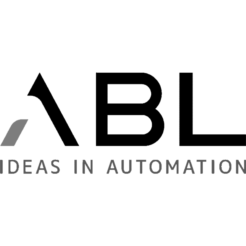 Logo con lettere nere stilizzate ABL sopra la tagline IDEAS IN AUTOMATION in lettere maiuscole grigie. La A è caratterizzata da una barra diagonale bianca, ideale per chi opera nel settore delle lavorazioni metalliche su misura.